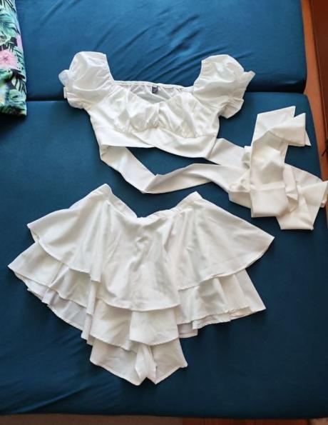 Volánový set - šortková sukňa+crop top, l