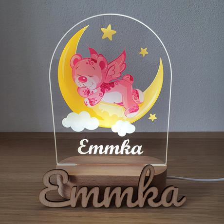 Detská nočná lampa s vlastným menom macko ružový,