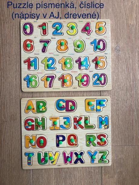 Drevené vkladacky pismena, čísla, 