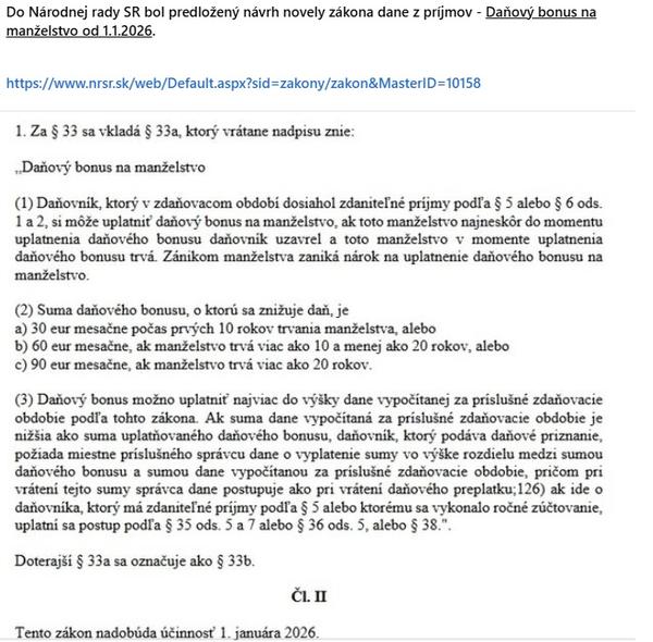 Do parlamentu ide návrh odmeny za manželstvo