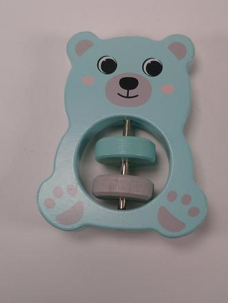 Drevená modrá hrkálka - medvedík s krúžkami, 
