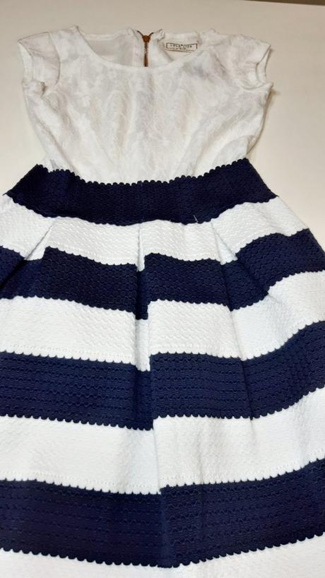 Modro-biele pásikavé elegantné šaty,veľk.122-128, 122 / 128