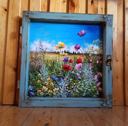 Obraz v starom okne letný deň,