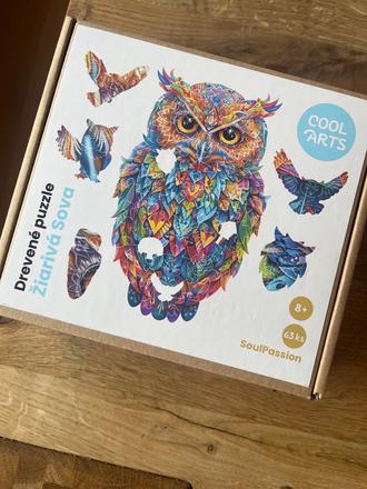Drevene puzzle ziariva sova,