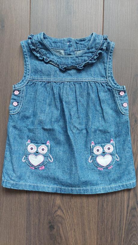 Riflové šaty so sovičkovymi vreckami 6-9 mes., tu,68