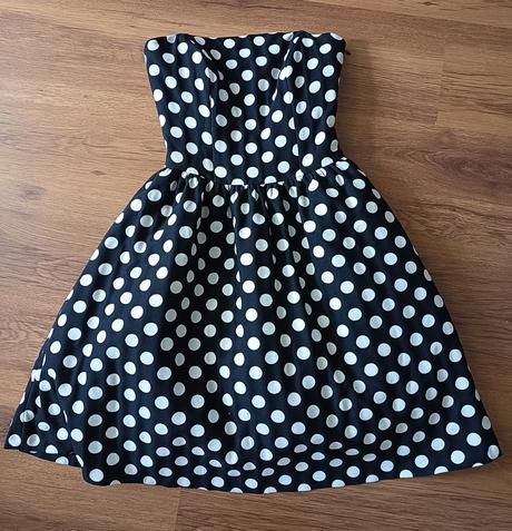 Koktejlové šaty bez ramienok s bodkami / polka dot, xs