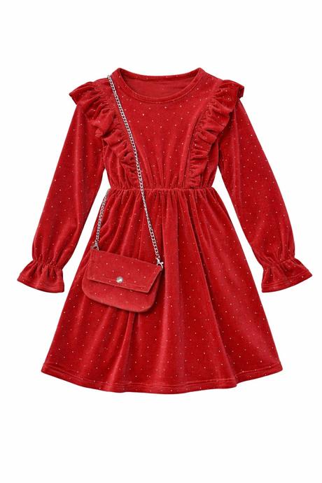Dievčenské velúrové šaty s volánmi a kabelkou, 158