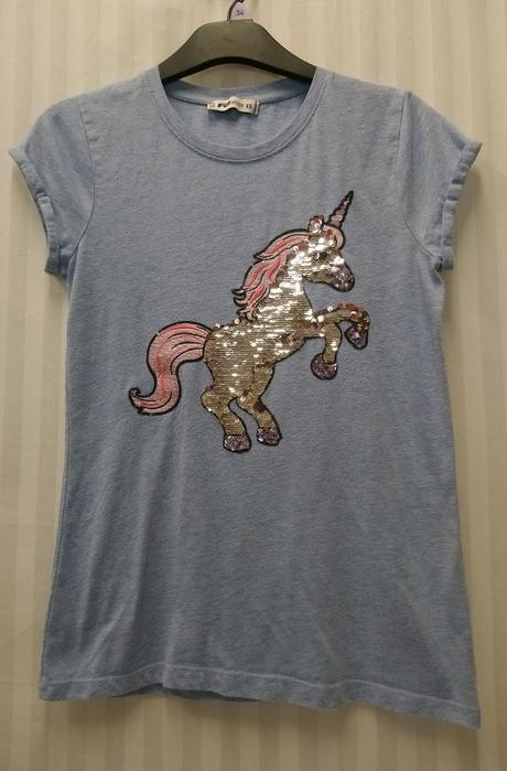 Modrý top, flitrový jednorožec, fb sister, xs, xs