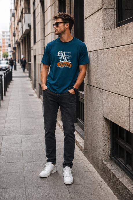 Pánske petrolejové tričko rimeck s potlačou urban, 4xl - xxxl
