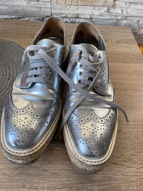 Prada silver leather lace-up derby shoe 38.5, prada,38