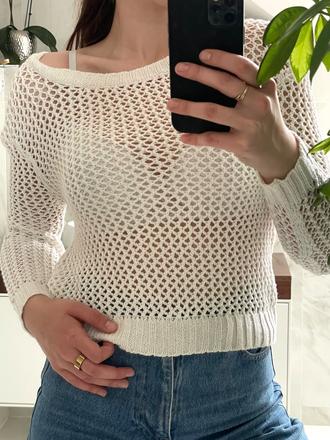 Biely háčkovaný sveter, s