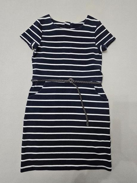 Tmavomodré šaty s bielymi prúžkami, h&m,110