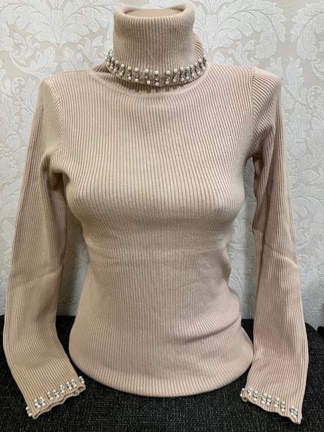 Dámsky béžový rebrovaný rolák s perličkami (uni), l / m / s