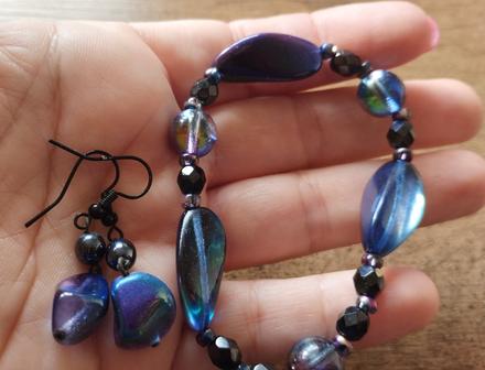 Náramok a náušnice, fialovo- modré,