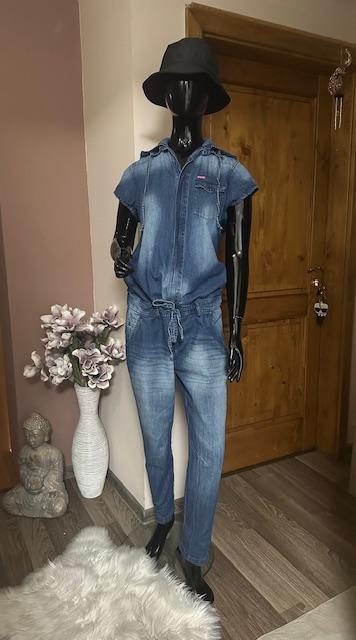 Džínsový overal na zips s kapucňou zn. retro, m