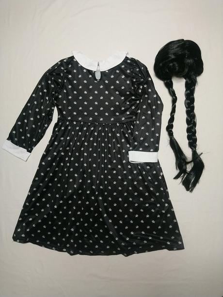 Školáčka wednesday addams, šaty a vlasy, 140-146,