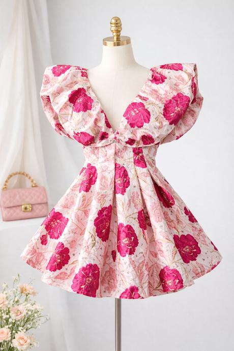 Asos luxe floral jacquard bubble plunge dress in p, xs