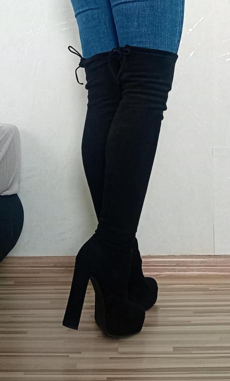 Dámske čierne semišové čižmy nad koleno - 36, 36