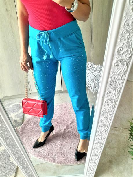 Tyrkysové tepláky s kamienkami-m/l, m