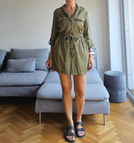 Šaty košeľové olivové roll up rukávy, 38