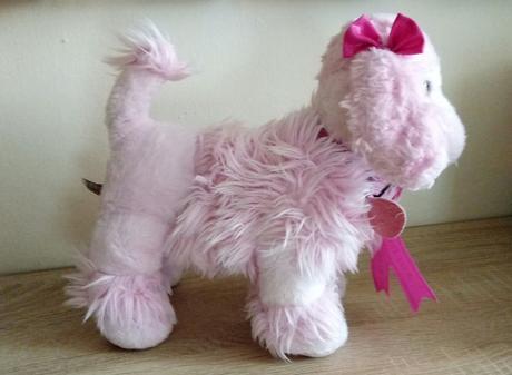 Plyšový psík s obojkom a pečaťou ako víťaz,