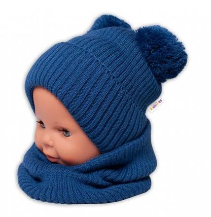 Zimná pletená čiapka nákrčník ,granát s brmbolc, 68 - 98