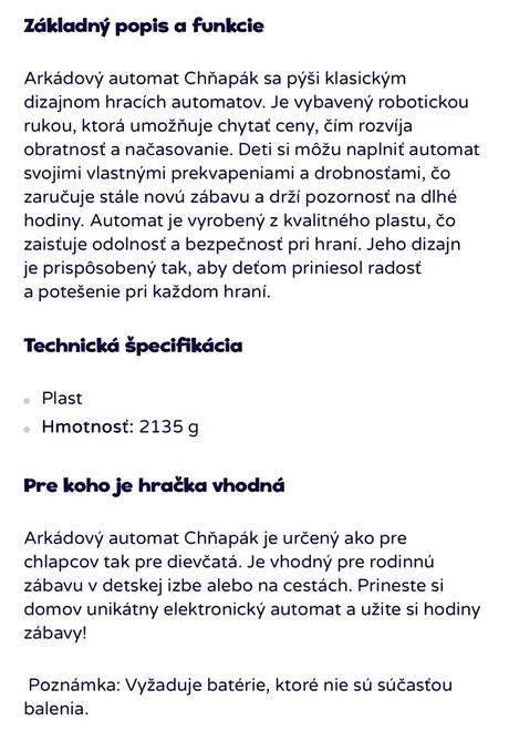 Elektronická hra arkádový automat chňapák, 