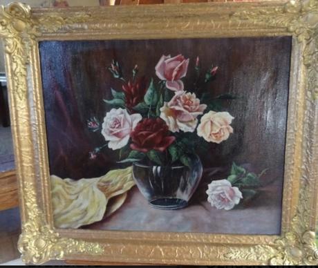 Stará olejomaľba - zátišie ruží,