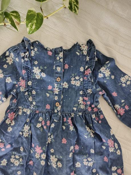 Modré šaty s kvetinami/ kvetinkové šaty riflové, 92