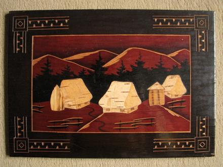 Vintage drevený obraz domčeky,