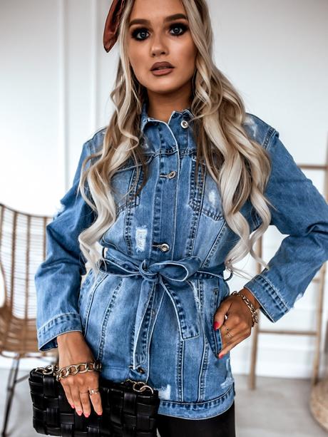 Rifľová bunda s opaskom a kabelkou erika fashion, s