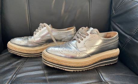 Prada silver leather lace-up derby shoe 38.5, prada,38