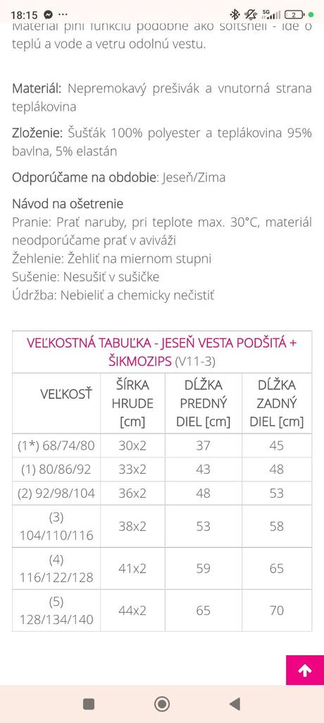 Rastúca vesta podsita teplakovinou, 128