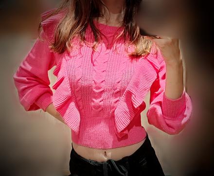 Ružový sveter s volánmi, xs