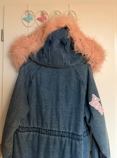 Denim parka s ruzovou kozusinou - bershka, bershka,s