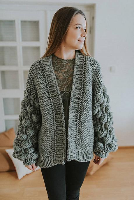 Oversized cardigan s bublinovými rukávmi,akryl, 