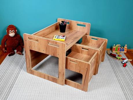 Stolík s 2 stoličkami 3v1 dub montessori,