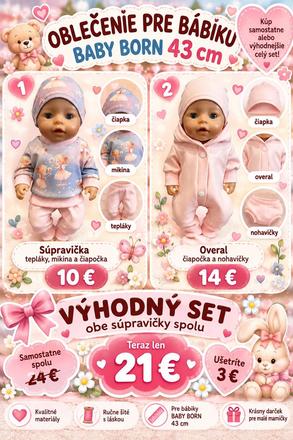 Set pre bábiku baby born 43 cm - púdrovo ružový, 