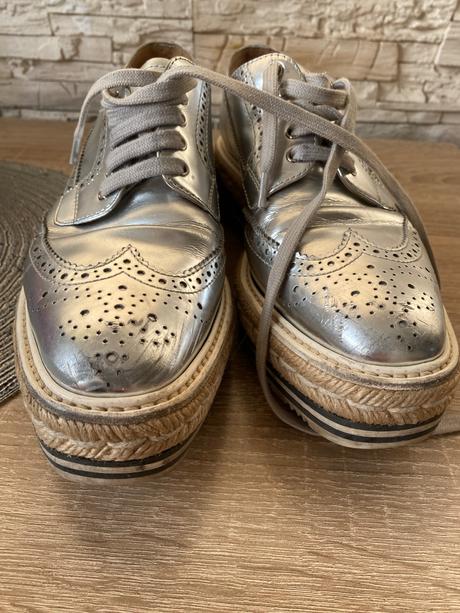 Prada silver leather lace-up derby shoe 38.5, prada,38