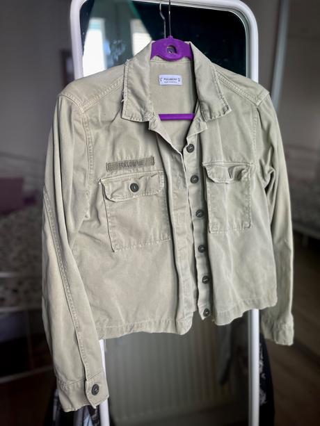 Khaki crop košeľova bunda denim košeľa pull&bear, pull&bear,s