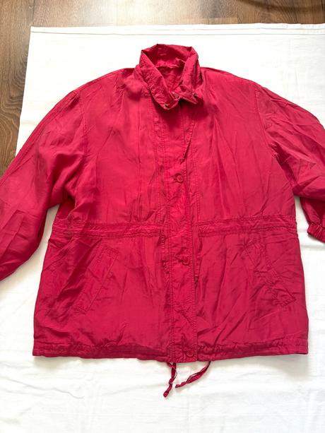 Hodvábna bunda parka vintage, malinovo červená,,