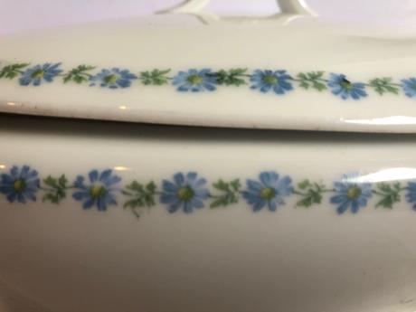 Starozitna asi 100r terina modre kvety,