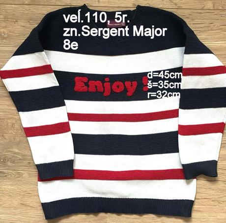 Pruhovaný sveter s nápisom "enjoy" veĺ.110, zn.sm, sergent major,110