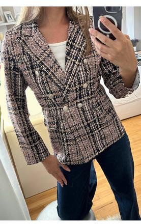 Kárované sako so zlatými gombíkmi tvidovy vzor, s