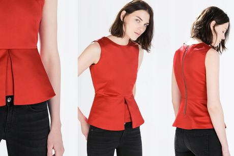 Saténový červený peplum top, zara,m