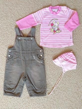 Menčestrové nohavice na traky 62/68 +tričko,čiapka, 62