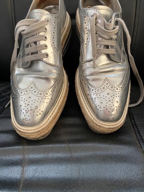 Prada silver leather lace-up derby shoe 38.5, prada,38