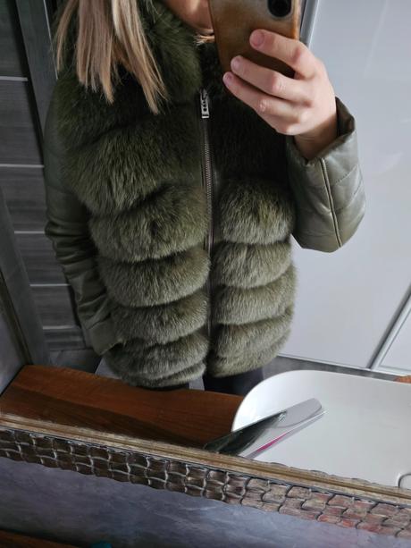 Khaki kožuch z líšky a pravej kože, m