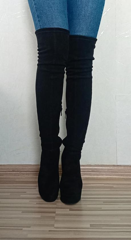 Dámske čierne semišové čižmy nad koleno - 36, 36