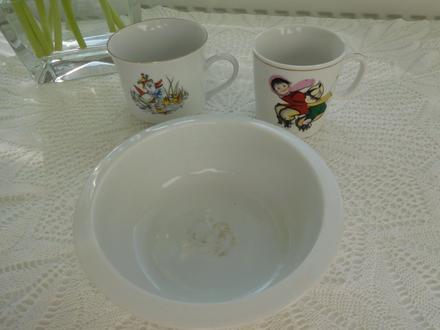 Hrnčeky detské+miska, porcelán, 